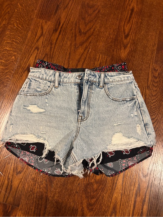 Alexander Wang Pants - Alexander Wang Light Wash Distressed Denim Shorts with Black & Red Bandana Trim